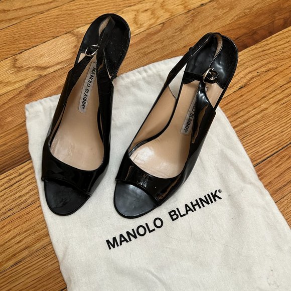 Manolo Blahnik Patent Leather Peep Toe Slingback - Picture 2 of 5